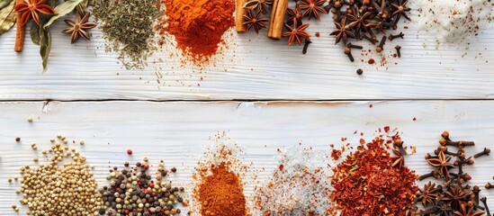 Wall Mural - Different spices displayed on a white wooden surface from above, with space for text.
