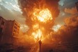 A lone figure stands facing a massive, blinding explosion in an urban environment, invoking feelings of shock and awe