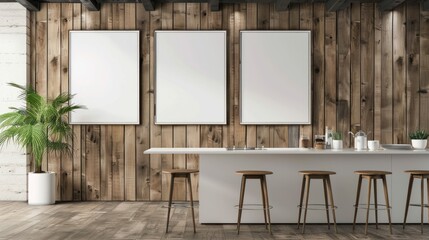 Wall Mural - Contemporary kitchen studio interior and blank white poster on wall. AI generated