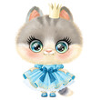 Cute cartoon grey kitten princess in a lush blue ball dress