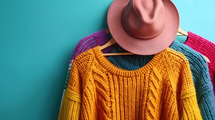 Canvas Print - Knitted sweaters on hangers and felt hat on colored background