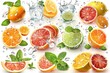 Summer drink concept including fruit slices with green foliage in a splash of fresh water set against a white background with text space, Generative AI.