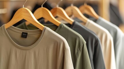 Wall Mural - Natural colored t shirts hanging on wooden hangers in a row