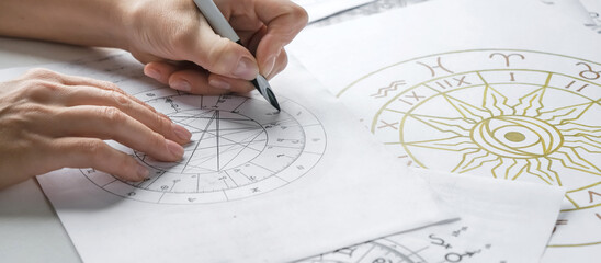 Wall Mural - astrology. astrologer calculates natal chart and makes a forecast of fate.tarot cards, fortune telli