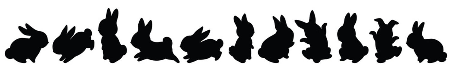 Wall Mural - Silhouette black cute bunny. Cute cartoon rabbits. Funny hares, Easter bunnies. Standing, running, jumping poses. Set of flat cartoon vector illustrations isolated on white background. Outlines animal