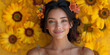 Young beautiful lady with flowers, in dress against yellow background, created with Generative AI technology