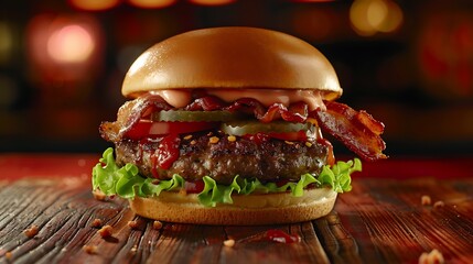 Wall Mural - Bacon burger with beef patty on red wooden table