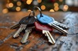Keys on a key ring placed on a wooden surface with blurred Christmas lights providing a warm holiday background