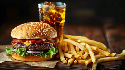 Wall Mural - fresh cheeseburger with glass of cola and pile of french fries on wooden table