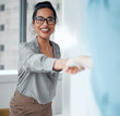 © peopleimages.com - Handshake, meeting and welcome with business woman in office for human resources, hiring or recruitment. Contract, interview and partnership with happy employee shaking hands for b2b collaboration