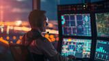 Fototapeta Dmuchawce - Air traffic controller operating in the control tower at the airport, supervising flights of airplanes