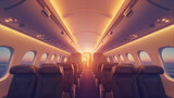 Fototapeta Dmuchawce - Spacious clean interior of a flying passenger aircfaft with empty seats in business class at sunset