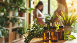 Fototapeta Dmuchawce - Brown dropper bottles of aromatherapy essential oil with pregnant women in a cozy environment in the background