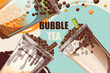 Background with bubble tea. Bubble tea with tapioca in plastic cups. Boba tea. Web banner. Vector illustration.