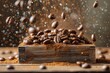 Captivating image of coffee beans suspended above a pile inside a wooden box, illustrating the invigorating essence of coffee