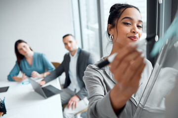 Poster - Office, businesswoman and writing in glass board for planning, strategy and corporate ideas. Workplace, colleagues and sales person with marker for brainstorming, thinking and startup innovation