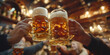 Closeup of hands toasting beer glasses in bar with friends during evening party, celebrating and having fun together,, people cheering, cheers, happy moment, nightclub, 