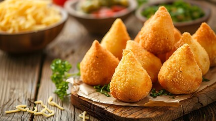 Wall Mural - Traditional Brazilian snacks coxinha and quibe on wooden background