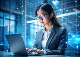 a young beautiful asian girl in a suit is working on a laptop in an office with digital codes on a v