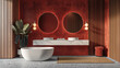 Modern bathroom interior with red and wooden walls 
