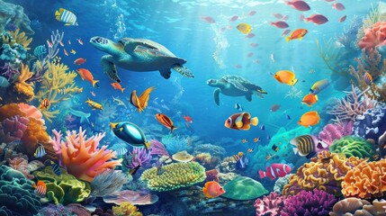 Wall Mural - Colorful coral reef with many fishes and sea turtle. The people at snorkeling underwater tour at the Caribbean Sea at Honeymoon Beach on St. AI generated