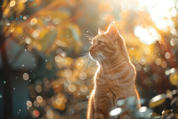 Aufkleber - A cat with a luminous peacock tail displaying a mesmerizing array of colors in a sunlit garden.