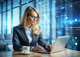 a young beautiful girl in a suit is working on a laptop in an office with digital codes on a virtual