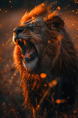 Poster - A lion whose mane billows with smoke and embers, its roar echoing like the crackle of a wildfire.