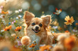 A photograph capturing a dog with butterfly wings, flitting through a blooming garden, blending with