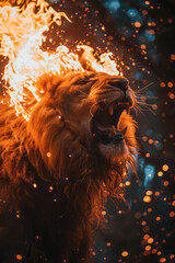Poster - A photograph capturing a lion with a mane made of flames, its roar sending sparks into the air. 35-1