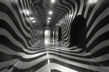 Poster - A photograph capturing an indoor room painted entirely in black and white stripes, bending and curvi