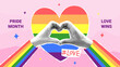 Vector collage for Pride Month. Greeting banner with halftone hands making heart sign. Collage with rainbow heart, cut out paper elements, halftone hands and doodles for decoration of LGBT events.
