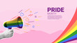 Collage for Pride Month events. Vector banner with halftone hand holding rainbow megaphone. Collage with cut out paper elements, halftone loudspeaker and doodles for decoration of LGBT events.
