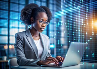a beautiful young black african american girl in a suit is working on a laptop in an office with dig