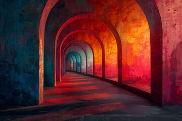 Leinwandbilder - A photograph of a mural where the use of perspective and gradient colors create a tunnel effect, dra