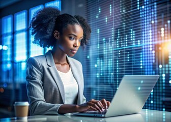 a beautiful young black african american girl in a suit is working on a laptop in an office with dig