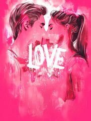 Wall Mural - Illustration of two young people kissing on pink background with text love