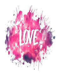 Wall Mural - Illustration with splashes with pink tones with text love on transparent background