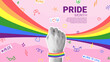 Bright collage for Pride Month. Vector banner with halftone hand holding rainbow. Collage with rainbow heart, cut out paper elements, halftone hand and doodles for decoration of LGBT events.