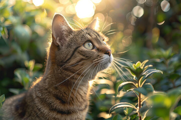 Aufkleber - A cat with a luminous peacock tail displaying a mesmerizing array of colors in a sunlit garden.
