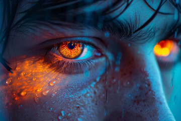 Poster - A portrait of a person whose eyes shine like bright LED lights, casting an eerie glow on their surro