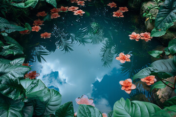 Fototapete - A scene illustrating a garden with a pond that reflects the sky so perfectly it's impossible to tell