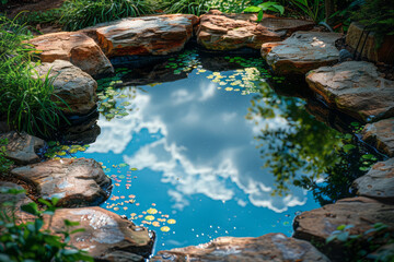 Poster - A scene illustrating a garden with a pond that reflects the sky so perfectly it's impossible to tell