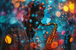 A scene illustrating a series of watercolor paintings that visually interpret a live jazz session, e
