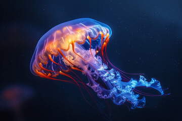 Poster - A scene showing a jellyfish with bioluminescent LED tentacles, illuminating the dark ocean depths as