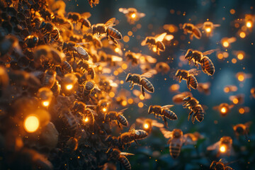 Poster - A scene showing a swarm of bees, each bee carrying a tiny lantern light, illuminating the night as t