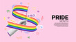 Concept collage for Pride Month events. Vector banner with halftone hand holding rainbow flag. Collage with cut out paper elements, halftone hand and doodles for decoration of LGBT events.