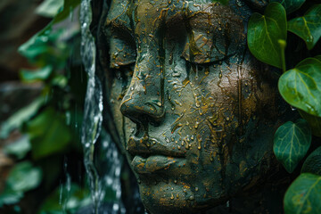 Aufkleber - An image of a face where the mouth opens to reveal a lush, miniature rainforest complete with a wate
