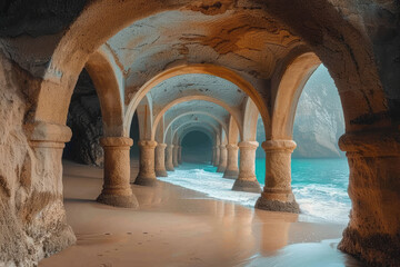 Poster - An image showing a series of archways on a beach that, from a distance, appear to be a giant sandcas