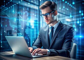 a young man in a suit is working on a laptop in an office with digital codes on a virtual screen. di